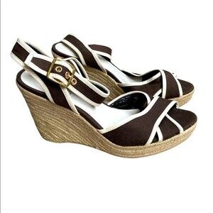 Franco Sarto wedge sandals Leather & Fabric upper Brown,Cream Size 7.5 M